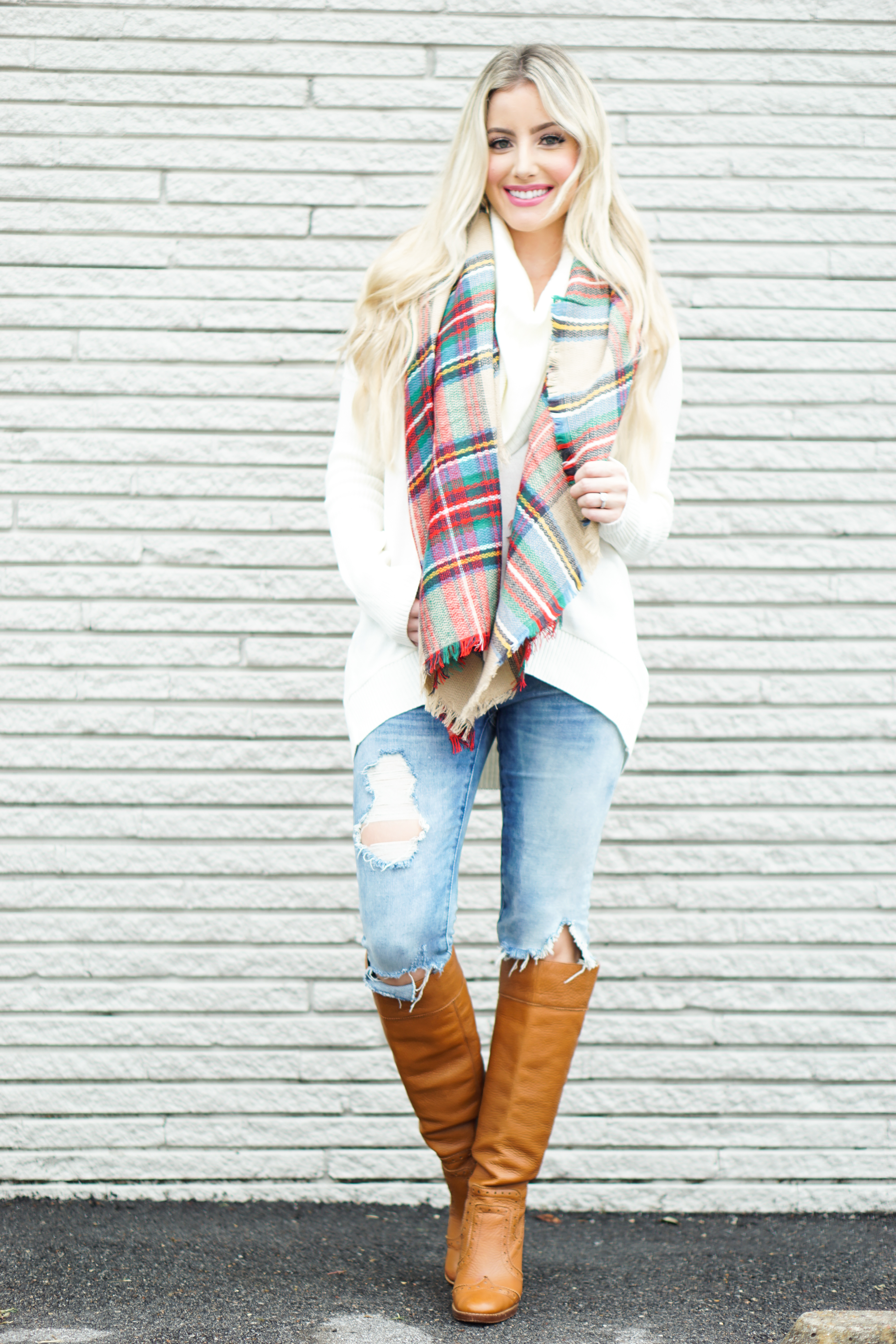 Cowl Neck Sweater + Plaid Scarf Combo- A Touch of Pink Blog