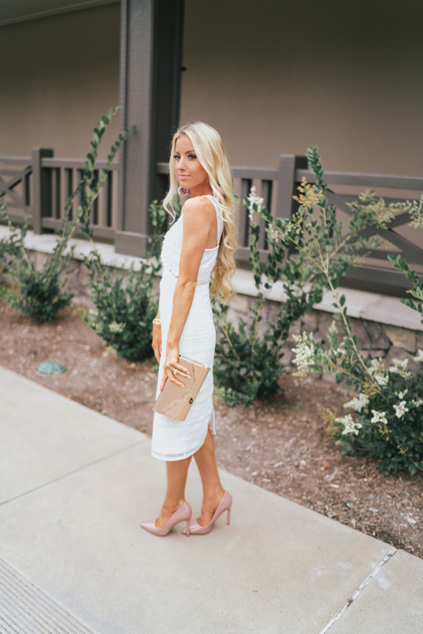 White dress with 2025 rose gold shoes