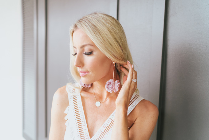 Lifestyle Blogger Katelyn Jones shares her light pink 3D flower drop earrings from River Island