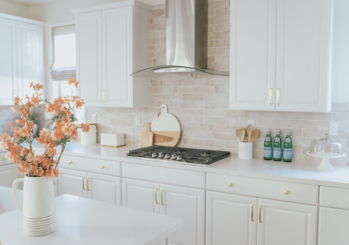 White Modern Farmhouse Kitchen with Roman Shades from Willow Bloom